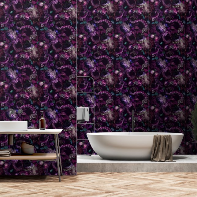 Gothic Dark Pink Tentacle With Flowers Wallpaper (Bathroom)