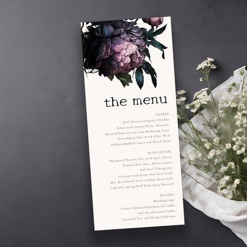 Gothic Dark Purple Black Peony Wedding Menu Card