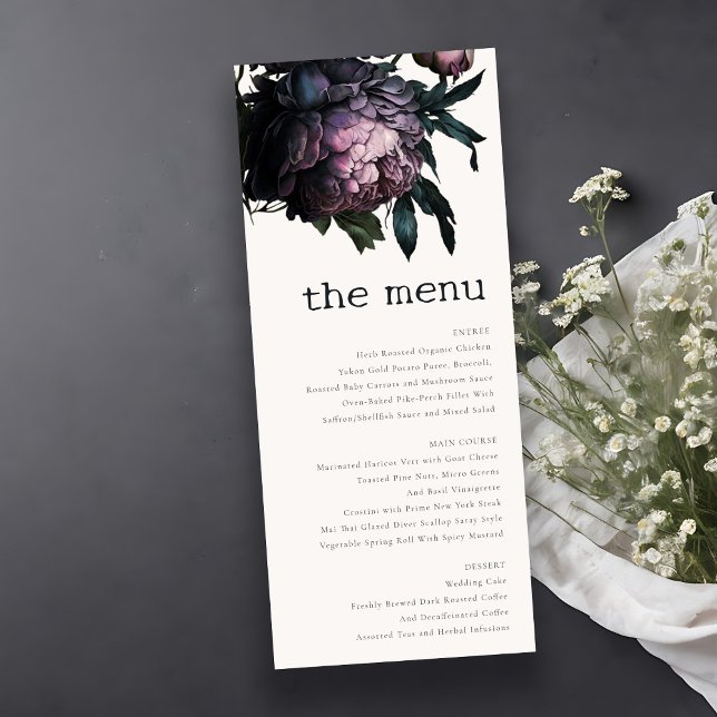 Gothic Dark Purple Black Peony Wedding Menu Card (Creator Uploaded)