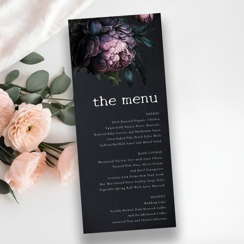 Gothic Dark Purple Black Peony Wedding Menu Card