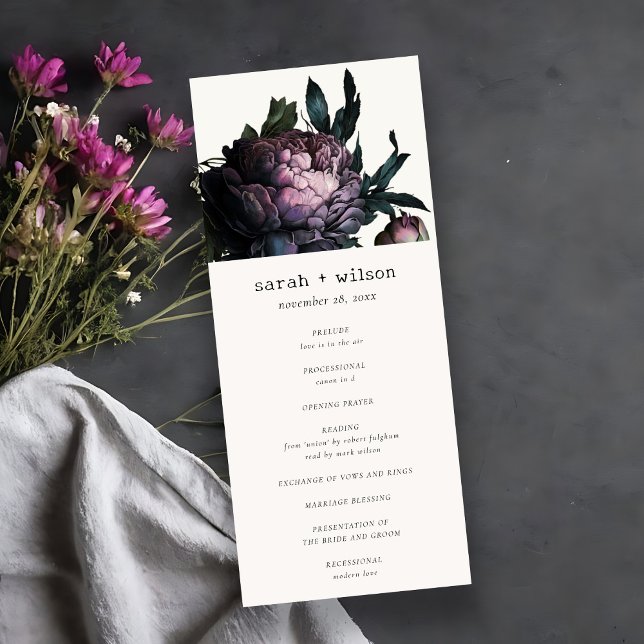 Gothic Dark Purple Black Peony Wedding Program (Creator Uploaded)
