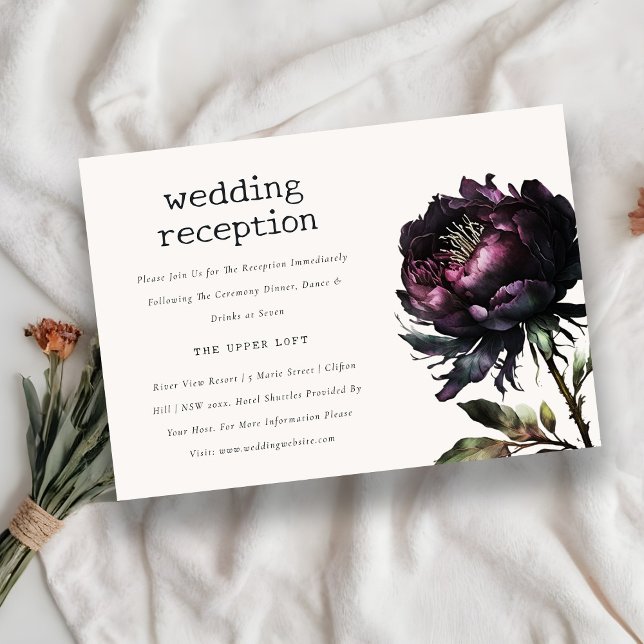 Gothic Dark Purple Black Peony Wedding Reception Enclosure Card (Creator Uploaded)