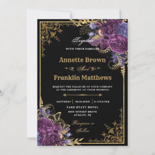 Gothic Dark Purple Floral Ornate Gold Wedding  Invitation