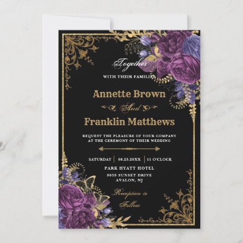 Gothic Dark Purple Floral Ornate Gold Wedding  Invitation
