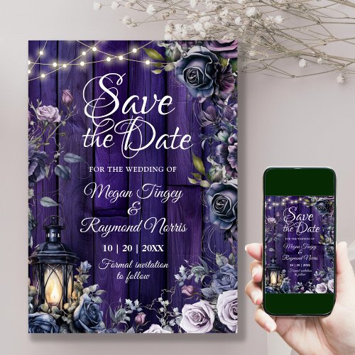 Gothic Dark Purple Floral Rustic Wood Planks Save The Date