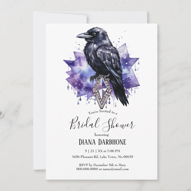 Gothic Dark Purple Raven & Diamond Bridal Shower Invitation (Front)