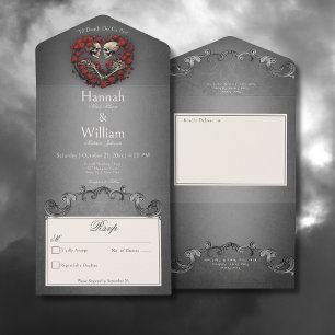 Gothic Dark Skeletons & Rose Heart No Dinner All In One Invitation