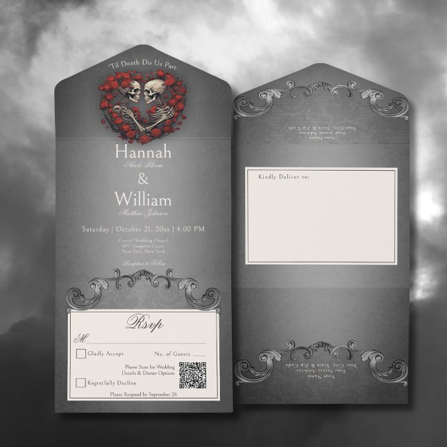 Gothic Dark Skeletons & Rose Heart QR Code All In One Invitation (Gothic Dark Skeletons & Rose Heart All In One Wedding Invitation with QR Code)