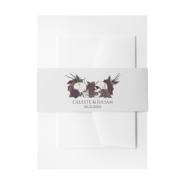 Gothic Dark Skull & Rose Light Gray Wedding Invitation Belly Band (Front Example)
