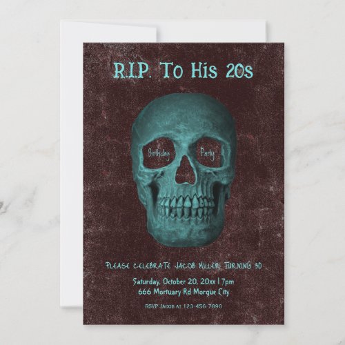 Gothic Dark Teal Brown Skull RIP To His 20s Invitation