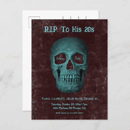 Gothic Dark Teal Brown Skull RIP To His 20s Invitation Postcard
