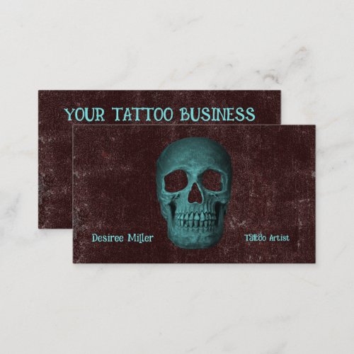 Gothic Dark Teal Brown Skull Tattoo Shop Business Card