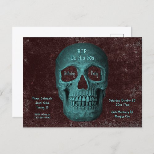 Gothic Dark Teal Skull Birthday RIP To His 20s Invitation Postcard
