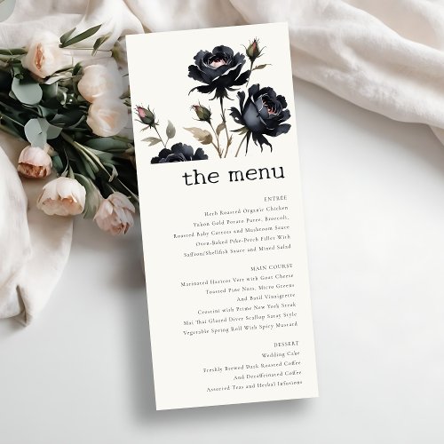 Gothic Dark Watercolor Black Rose Wedding Menu  Invitation