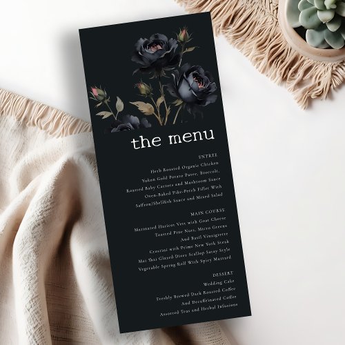 Gothic Dark Watercolor Black Rose Wedding Menu  Invitation