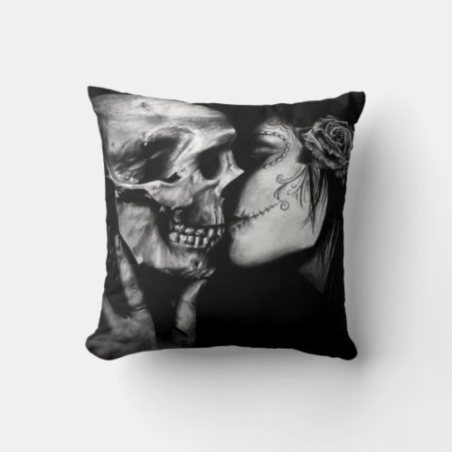 Gothic Day of Dead Black and White Skull And Woman Throw Pillow