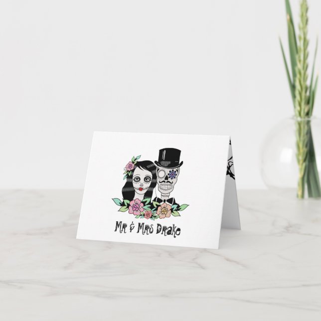 Gothic Day of Dead Skulls Bride & Groom Letterpress Thank You Card (Front)