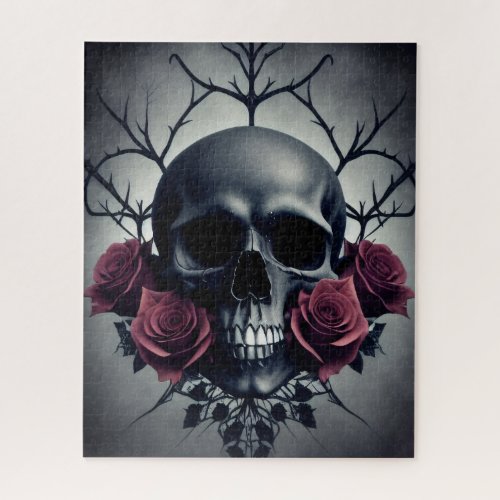 Gothic Death Skull and Roses Floral Sigil Jigsaw Puzzle