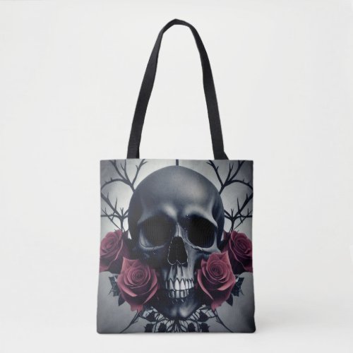 Gothic Death Skull and Roses Floral Sigil Tote Bag