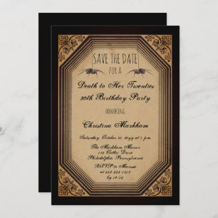 Gothic Deco Death to Her 20s Birthday Party Save The Date