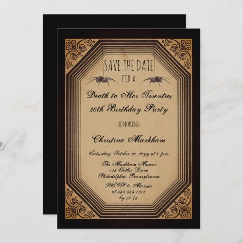 Gothic Deco Death to Her 20s Birthday Party Save The Date