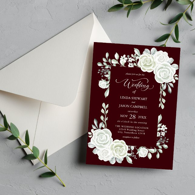 Gothic Deep Burgundy Tropical Roses Wedding Invitation (Creator Uploaded)