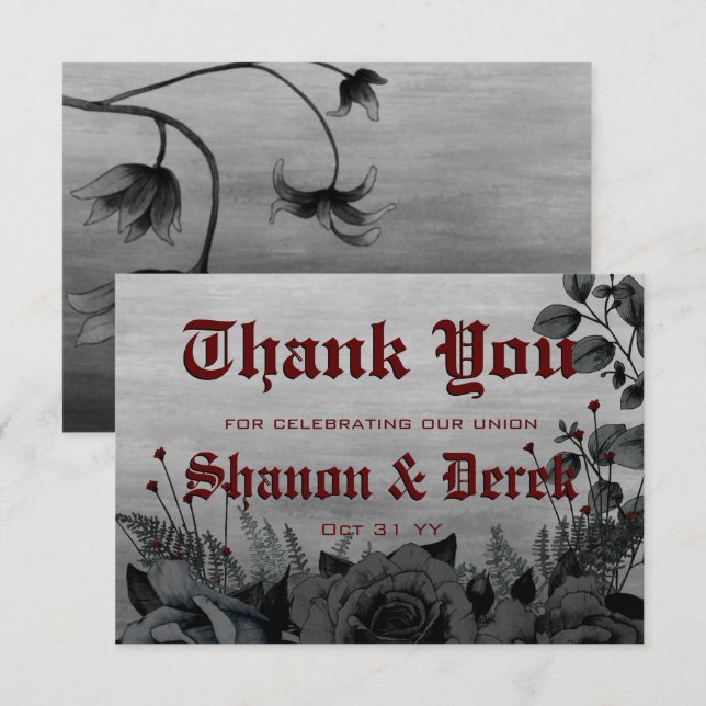 Gothic Deep Red Lettering  Black Roses Wedding Thank You Card (Front/Back)
