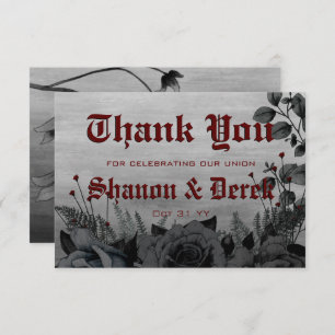 Gothic Deep Red Lettering Black Roses Wedding Thank You Card