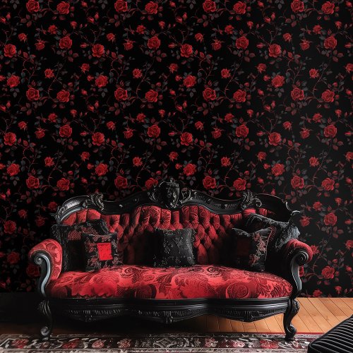 Gothic  Deep Red Roses on Black Background Wallpaper