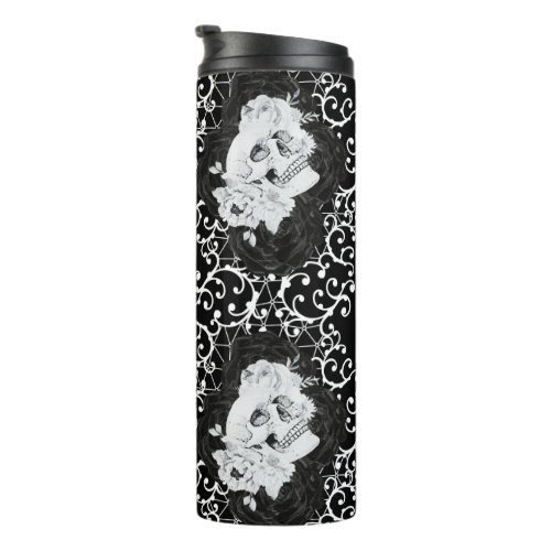 Gothic design with skulls and black roses thermal tumbler