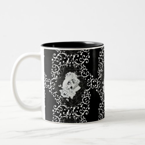 Gothic design with skulls and black roses  Two_Tone coffee mug