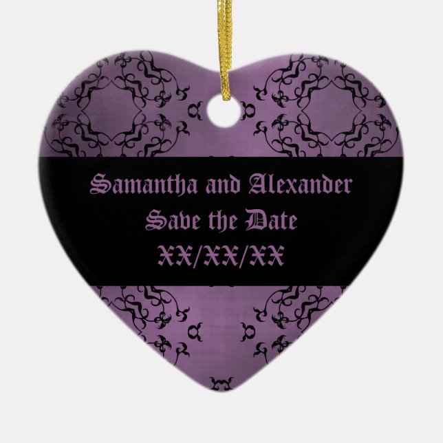 Gothic dirty purple damask casual Save the Date Ceramic Ornament (Front)