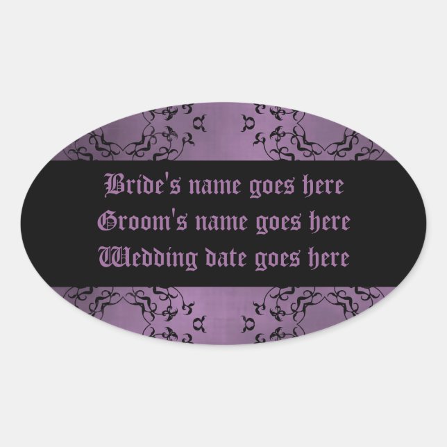 Gothic dirty purple damask wedding labels (Front)