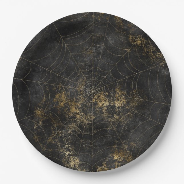Gothic Distressed Spooky Spider Web Paper Plates (Front)