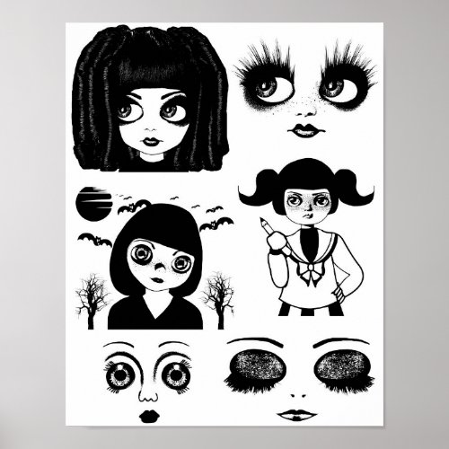 Gothic dolls faces Big eye Girls art collage sheet Poster