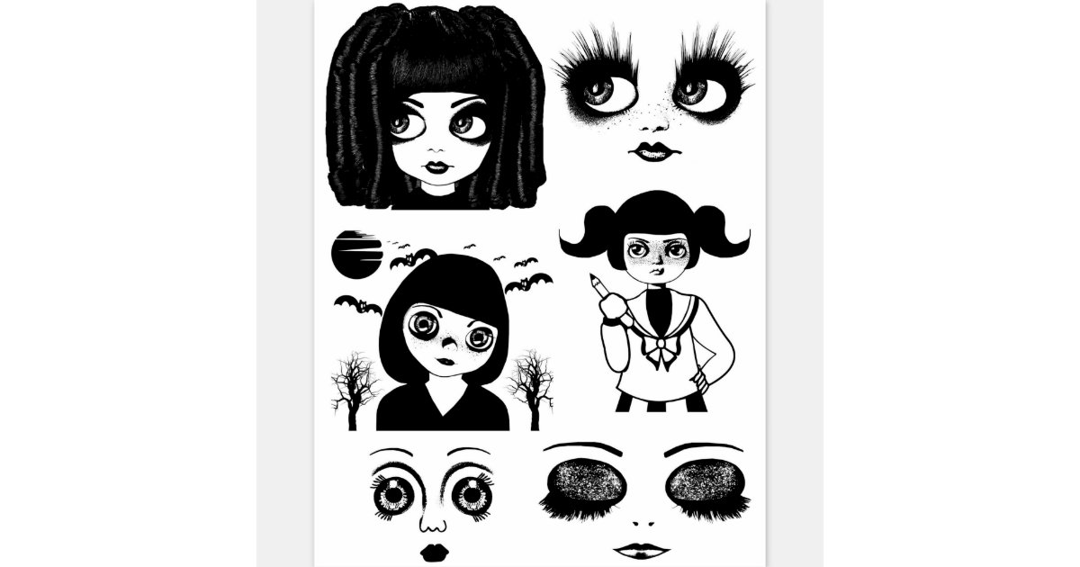 Gothic dolls faces original Big eye Girls art Sticker
