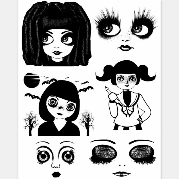 Gothic dolls faces original Big eye Girls art Sticker