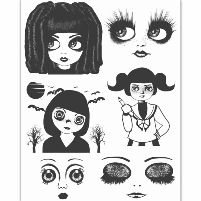 Gothic dolls faces original Big eye Girls art Sticker (Front)