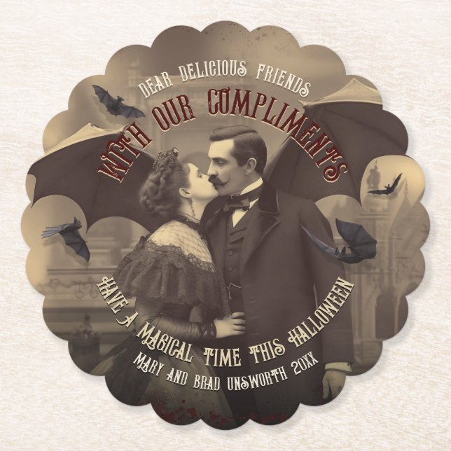 Gothic Dracula and Victorian Beauty Romantic Paper Coaster (Front)