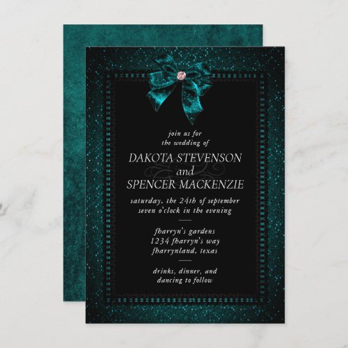 Gothic Elegance  Dark Teal Moody Bow Wedding Invitation