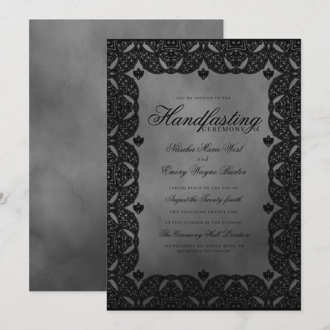 Gothic Elegance Medieval Black Lace Handasting Invitation (Front/Back)