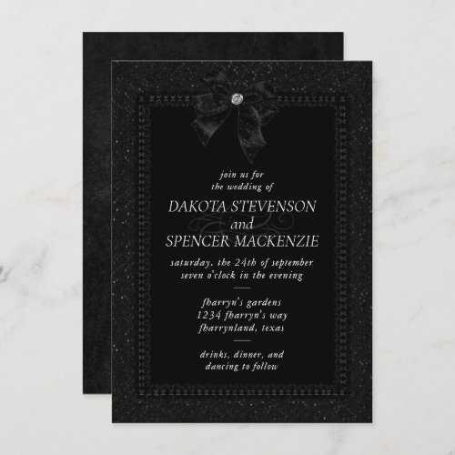 Gothic Elegance  Onyx Black Moody Bow Wedding Invitation