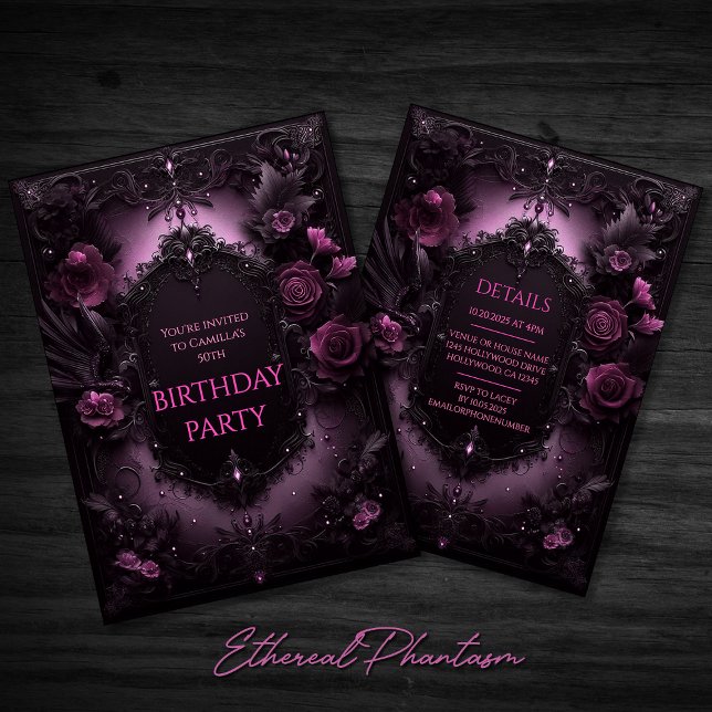 Gothic Elegance Pink and Black Birthday Invitation (Pink and Black Elegant Goth Goth Floral Rose Roses Birthday Party Invitation Invite Evite Dark Chic)