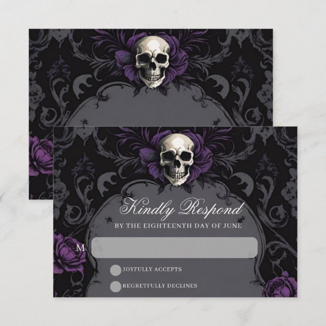 Gothic Elegance Purple Boho Skull Floral Wedding RSVP Card (Front/Back)