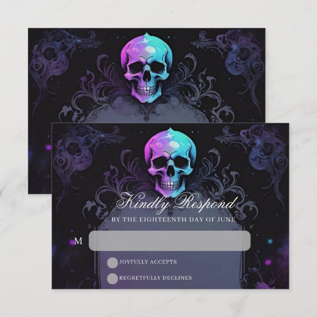 Gothic Elegance Purple Boho Skull Floral Wedding RSVP Card (Front/Back)