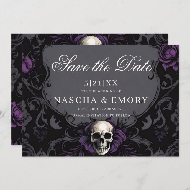 Gothic Elegance Purple Boho Skull Save The Date (Front/Back)