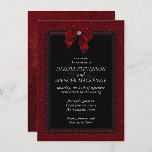 Gothic Elegance  Ruby Red Dark Moody Bow Wedding Invitation
