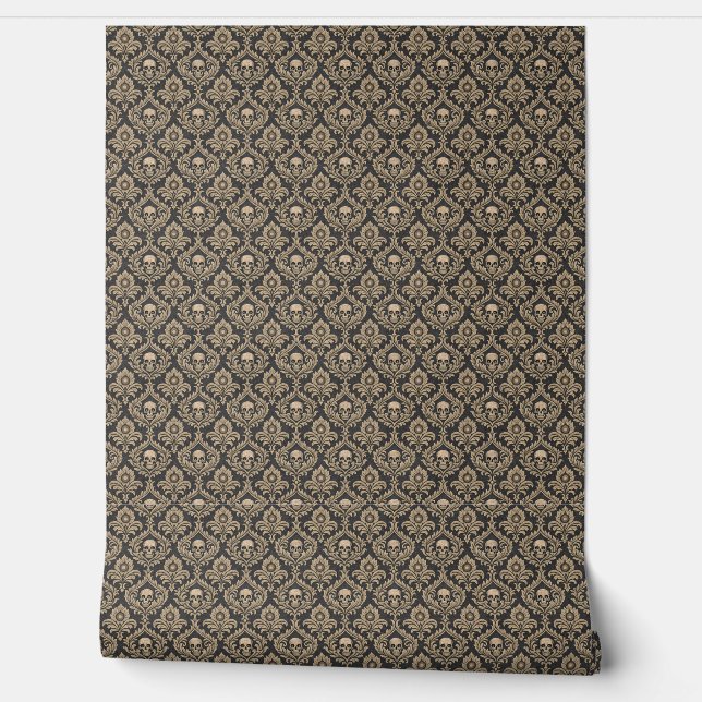 Gothic Elegance Skull Damask Wallpaper (Unrolling)