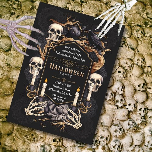 Gothic Elegance Skulls Raven Halloween Party  Invitation