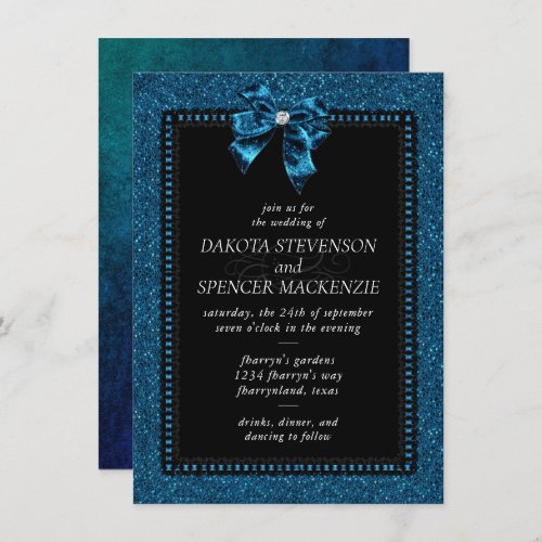 Gothic Elegance  Turquoise Blue Moody Bow Wedding Invitation